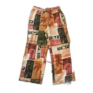 Nicole Miller Womens 100% Linen Casual Pull Up Pants M Tropical Coastal Resort